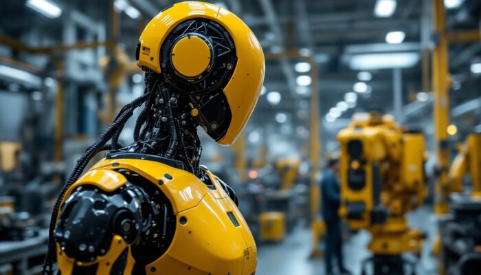 A photograph of a sleek industrial robot in action on a manufacturing floor