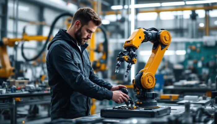 A photograph of a skilled technician operating a robotic arm in an industrial setting