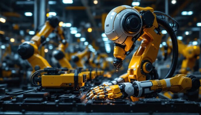 A photograph of a modern industrial robot in action within a manufacturing setting