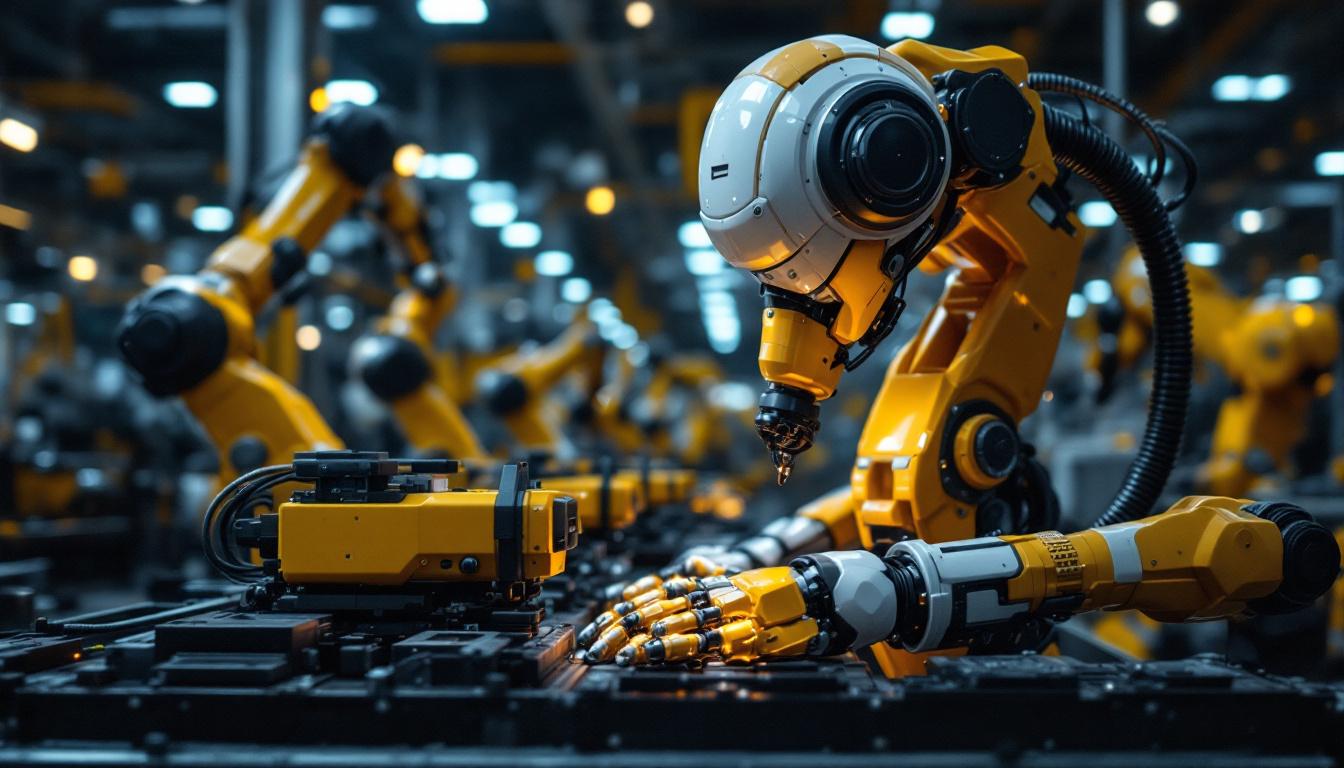 A photograph of a modern industrial robot in action within a manufacturing setting