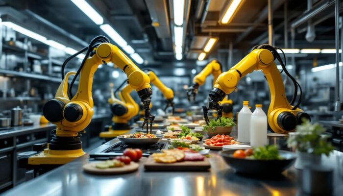 A photograph of a sleek industrial kitchen featuring advanced robotic arms actively preparing and cooking food