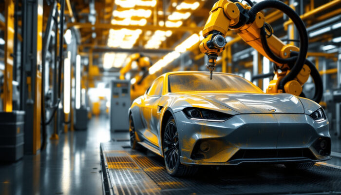 A photograph of an industrial robotic arm in action