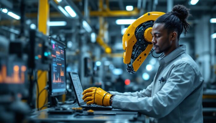 A photograph of a skilled technician programming or operating a sophisticated industrial robot in a modern manufacturing facility
