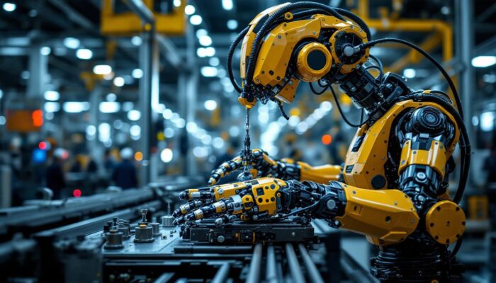 A photograph of a modern industrial robot in action