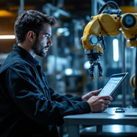 A photograph of a skilled technician programming or operating an industrial robot within a modern manufacturing facility
