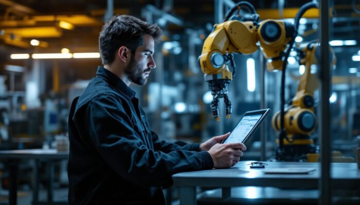 A photograph of a skilled technician programming or operating an industrial robot within a modern manufacturing facility