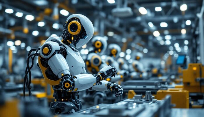 A photograph of a modern industrial robot in action on a factory floor