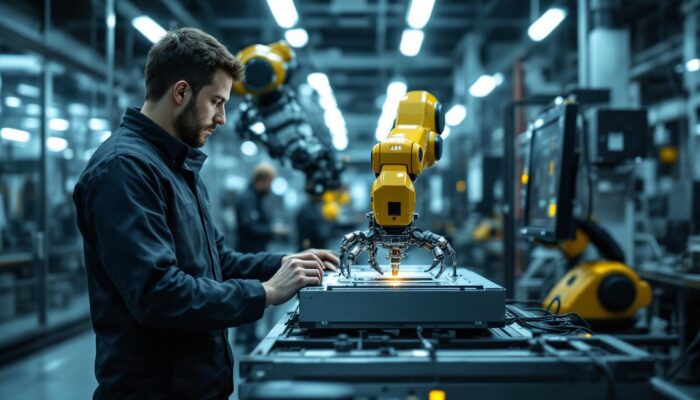 A photograph of a skilled technician programming an abb industrial robot in a modern manufacturing setting