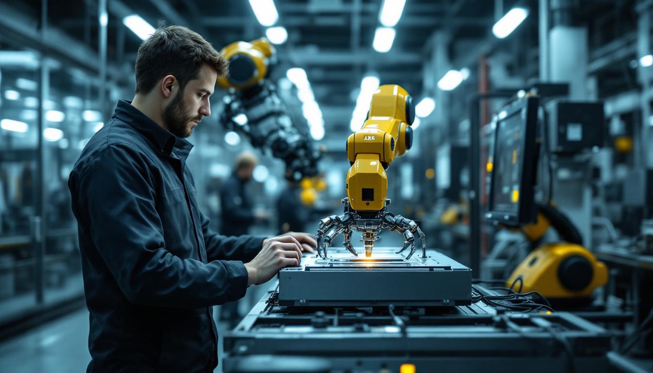 A photograph of a skilled technician programming an abb industrial robot in a modern manufacturing setting