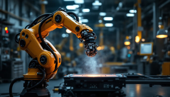 A photograph of a sleek industrial robotic arm in action
