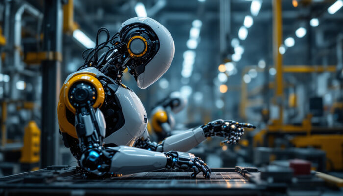 A photograph of a modern industrial robot in action on a factory floor