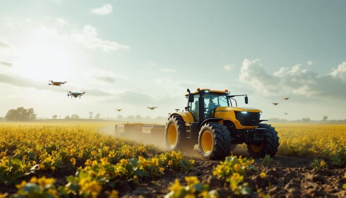 A photograph of a modern agricultural landscape featuring a variety of industrial robots in action