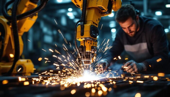 A photograph of a robotic mig welding machine in action
