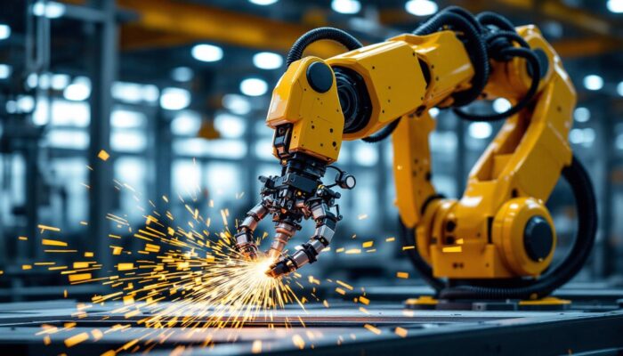 A photograph of a 6-axis industrial robot in action