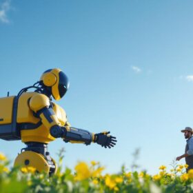 A photograph of capture a photograph of an agricultural robot in action