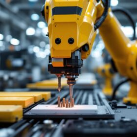 A photograph of a high-tech industrial robot in action