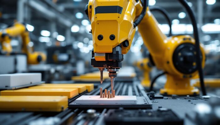 A photograph of a high-tech industrial robot in action