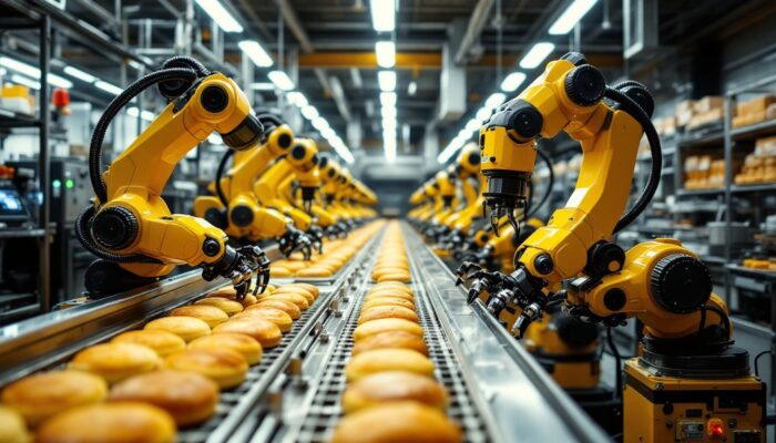 A photograph of capture a photograph of a modern automated bakery production line featuring industrial robots in action