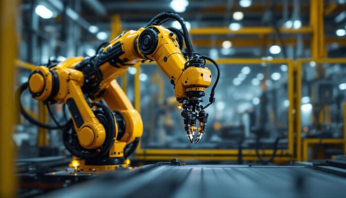 A photograph of a sleek industrial robotic arm in action within a manufacturing setting
