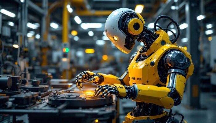 A photograph of a modern industrial robot in action within a manufacturing environment