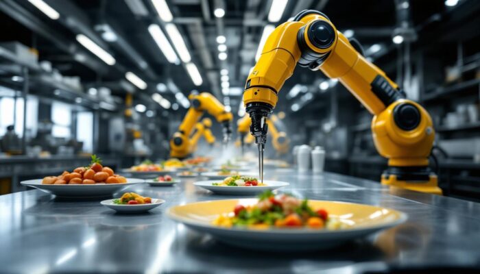 A photograph of a sleek industrial kitchen featuring advanced robotic arms in action