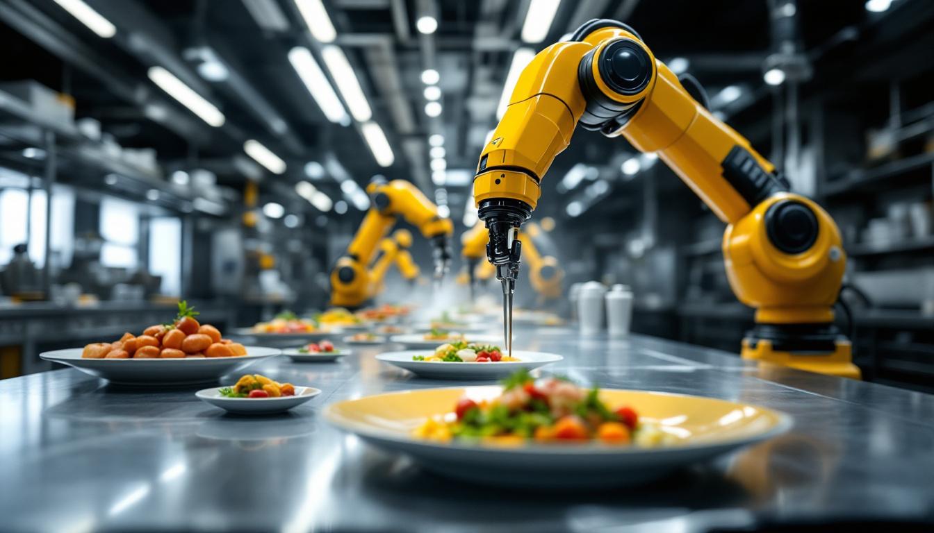 A photograph of a sleek industrial kitchen featuring advanced robotic arms in action