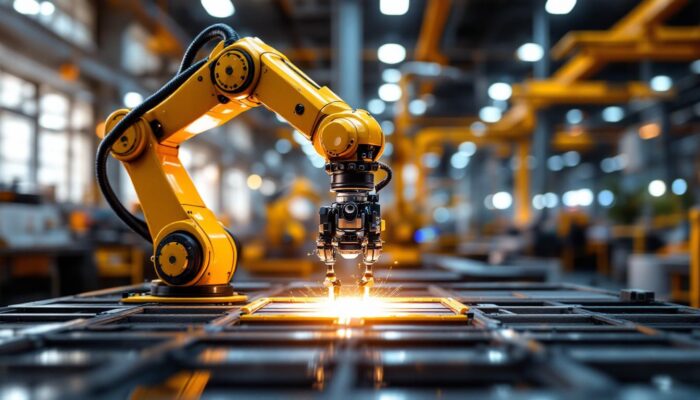 A photograph of a sleek industrial robotic arm in action