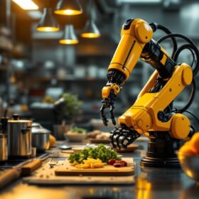 A photograph of a modern industrial kitchen setting featuring a sleek robotic arm in action