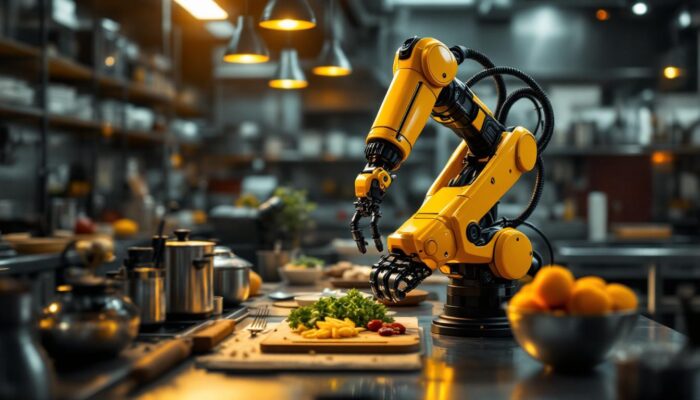 A photograph of a modern industrial kitchen setting featuring a sleek robotic arm in action