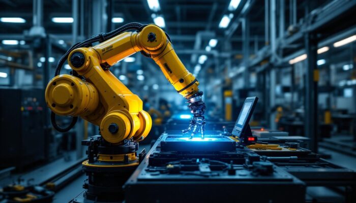 A photograph of a sleek industrial robotic arm in action