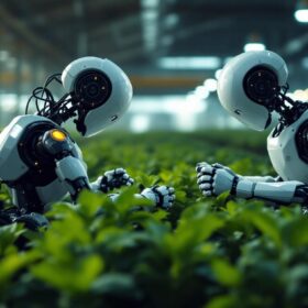 A photograph of a modern industrial farm setting showcasing advanced robotic systems in action