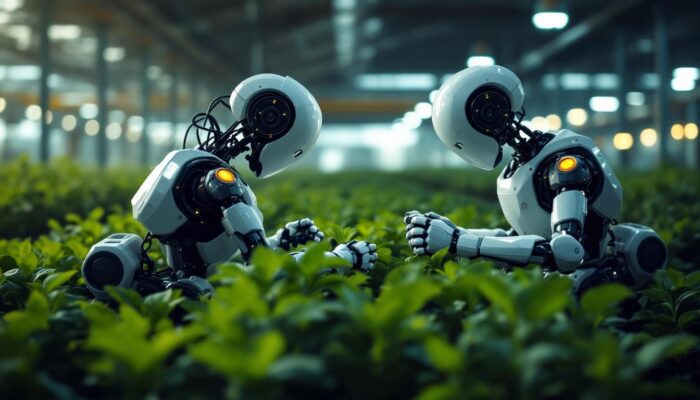 A photograph of a modern industrial farm setting showcasing advanced robotic systems in action