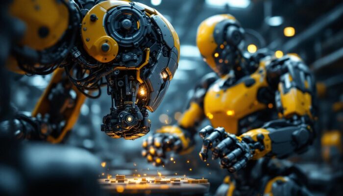 A photograph of a dynamic industrial robot in action