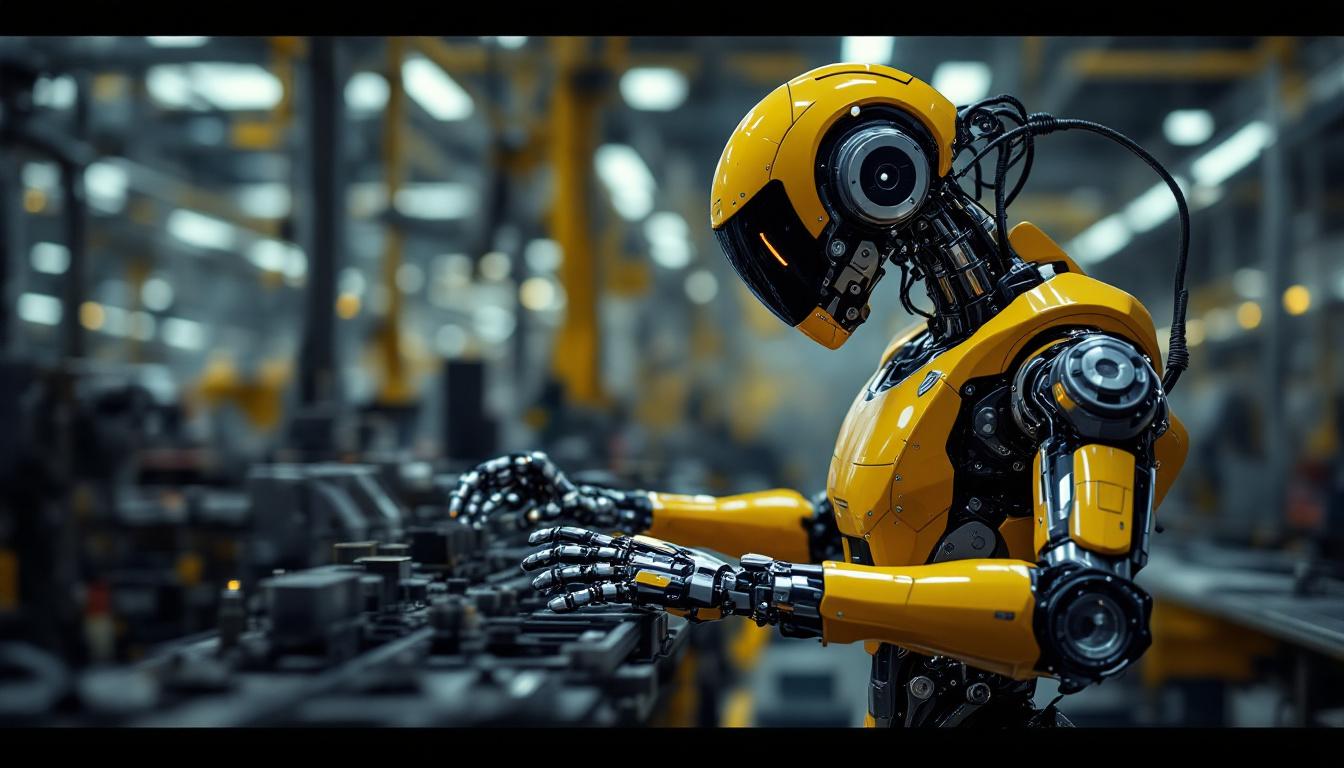 A photograph of a sleek industrial robot in action on a factory floor