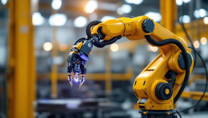 A photograph of a sleek industrial robotic arm in action