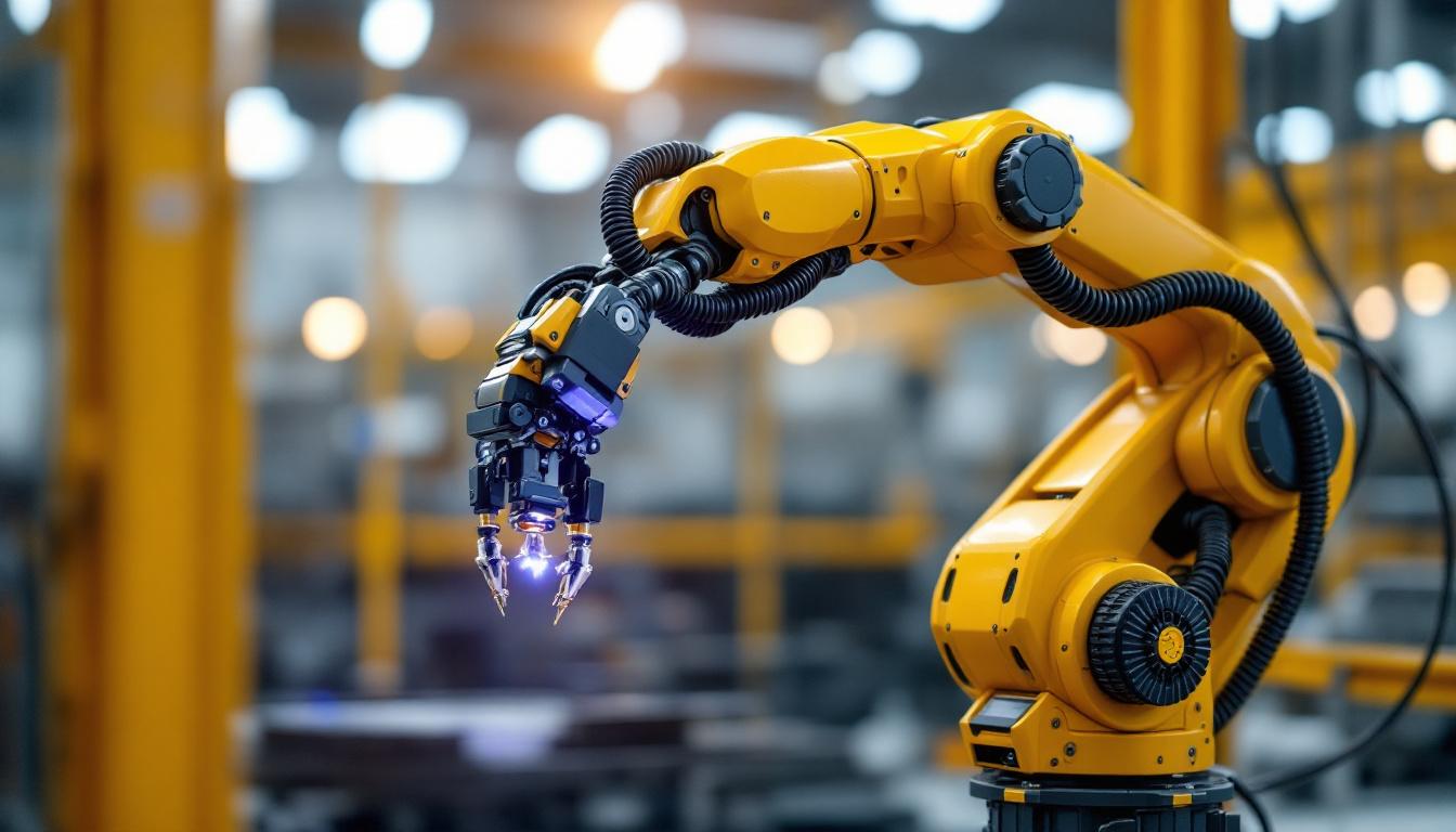 A photograph of a sleek industrial robotic arm in action
