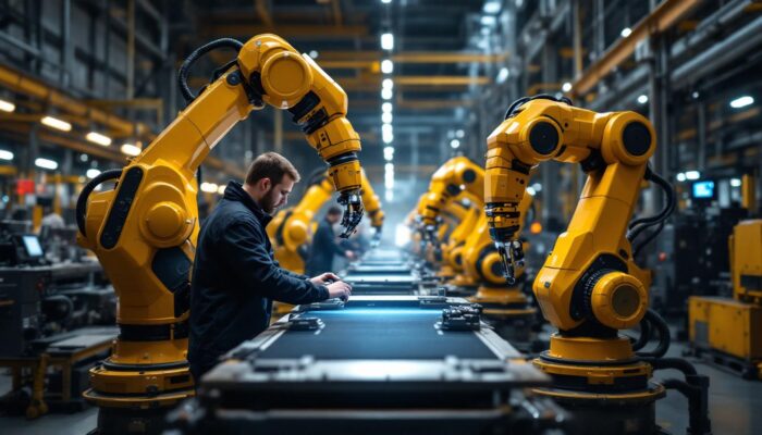 A photograph of a bustling chicago industrial setting showcasing advanced robotic systems in action