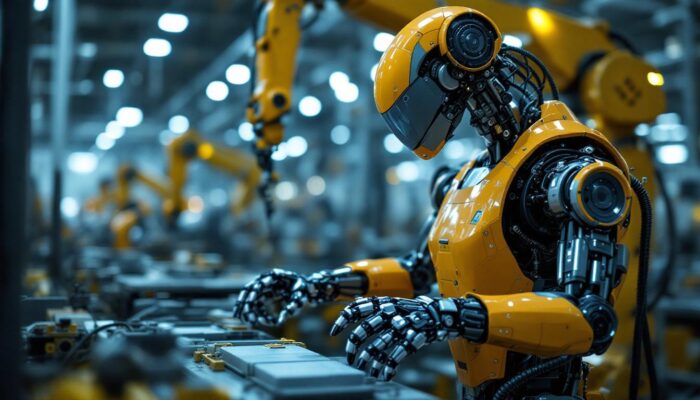 A photograph of a sleek industrial robot in action within a manufacturing environment