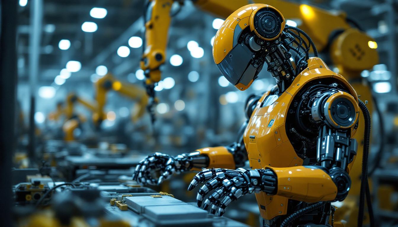 A photograph of a sleek industrial robot in action within a manufacturing environment