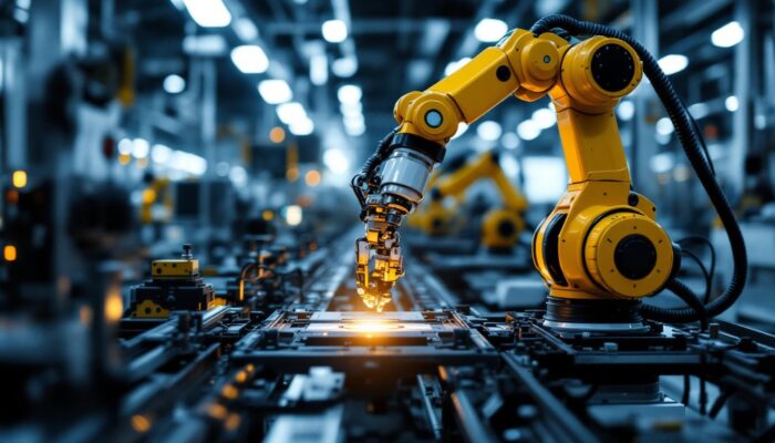 A photograph of a modern industrial robotic arm in action