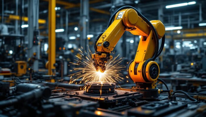 A photograph of a sleek industrial robotic arm in action