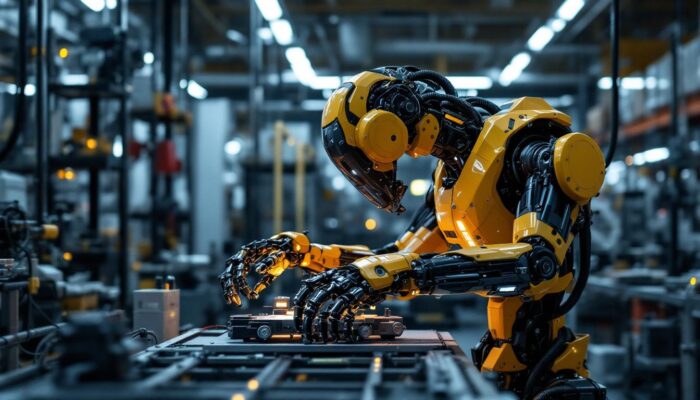 A photograph of a sophisticated industrial robot in action within a manufacturing setting