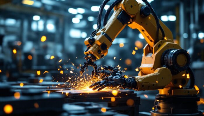 A photograph of a sleek industrial robot in action