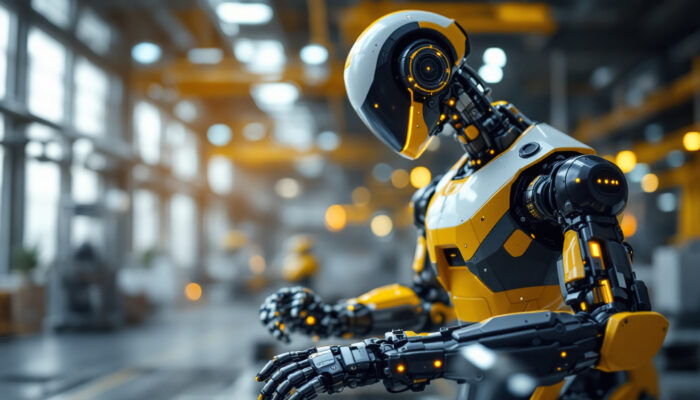 A photograph of a sleek industrial robot in action