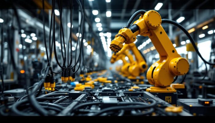 A photograph of a well-organized industrial workspace showcasing robotic arms in action