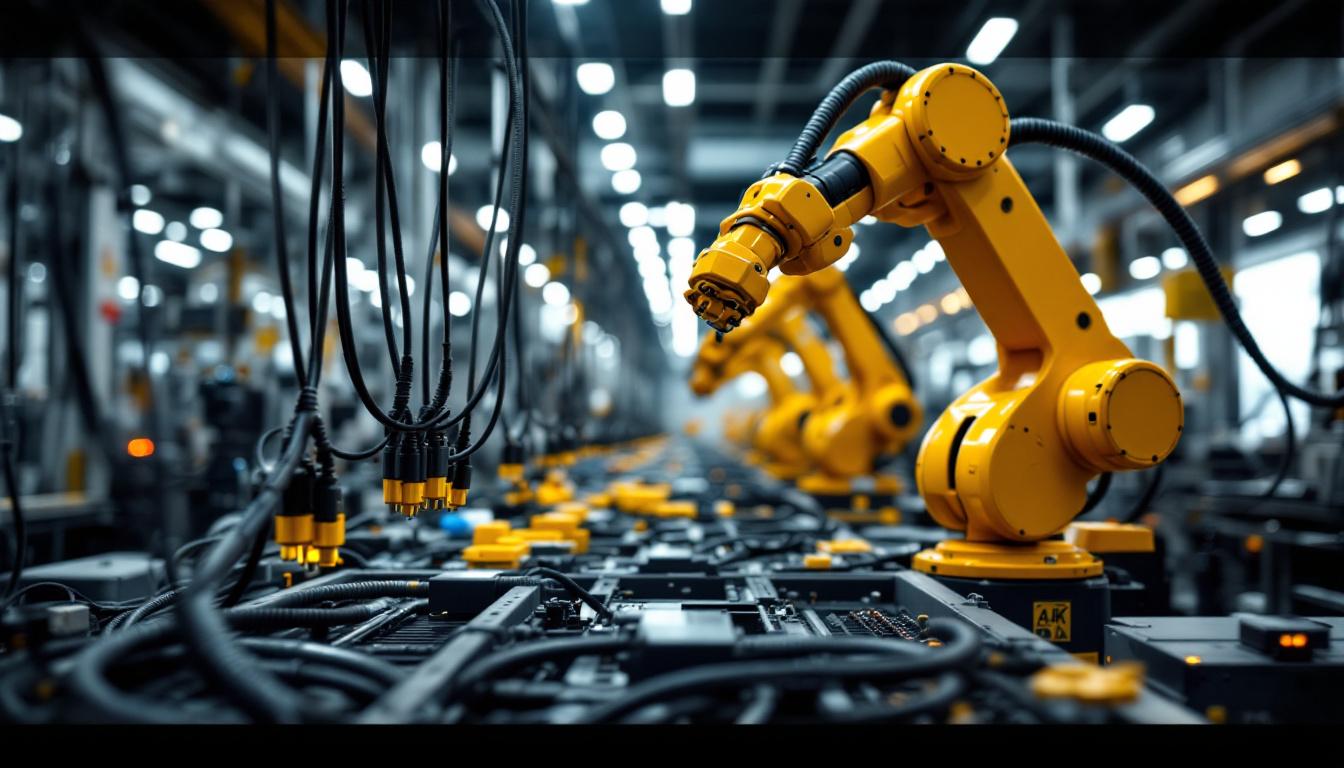 A photograph of a well-organized industrial workspace showcasing robotic arms in action
