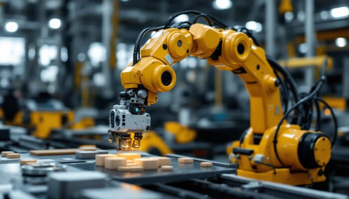 A photograph of a delta robot in action within an industrial setting