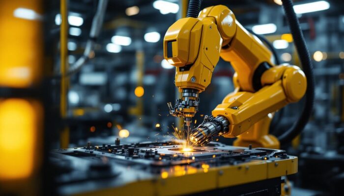 A photograph of a sleek industrial robot in action