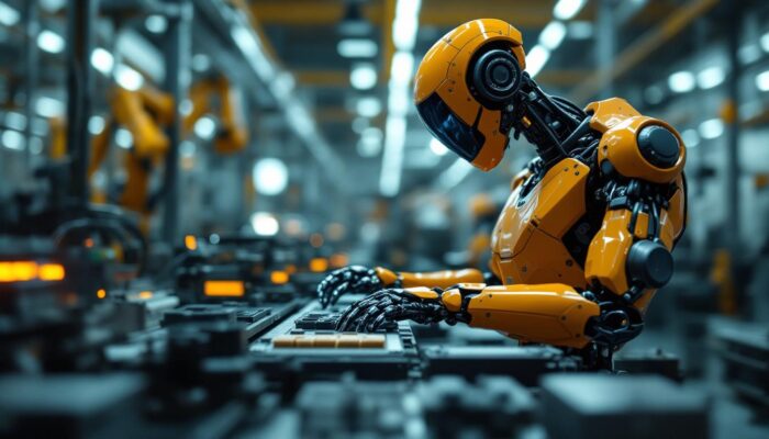 A photograph of a sleek industrial robot in action within a modern manufacturing environment