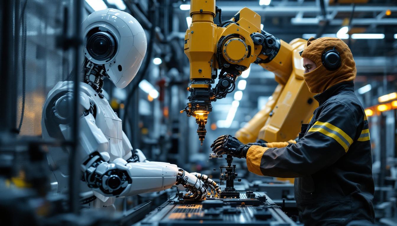 A photograph of a modern industrial robot working alongside human operators in a manufacturing setting